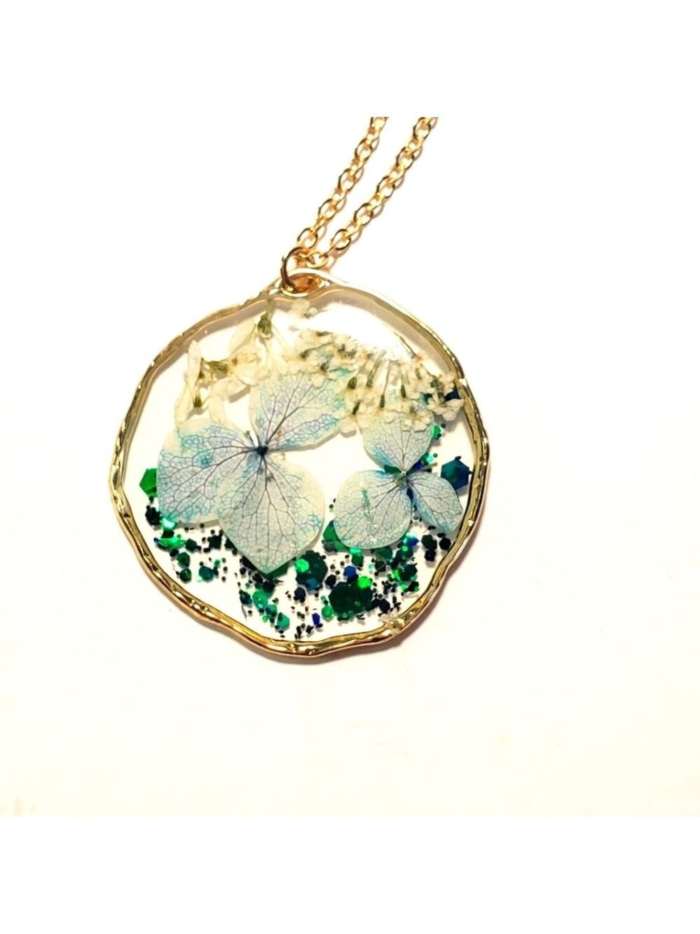 REAL Pressed Flower Glass Pendant Necklace Round Dried Floral with Gold Tone Rim